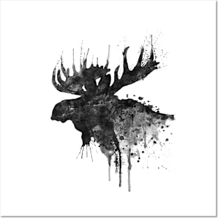 Black and White Moose Head Watercolor Silhouette Posters and Art